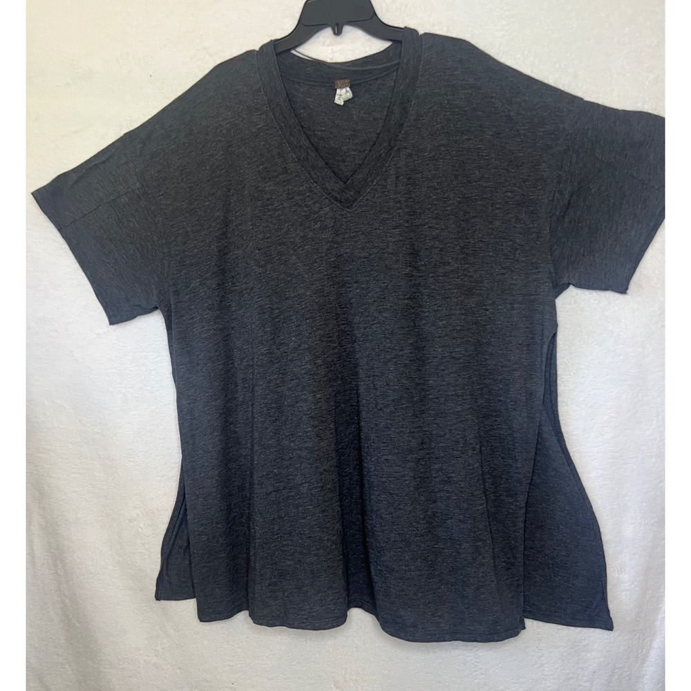 We The Free Free People Oversized V-Neck Tee Charcoal Grey Side Slit XXL